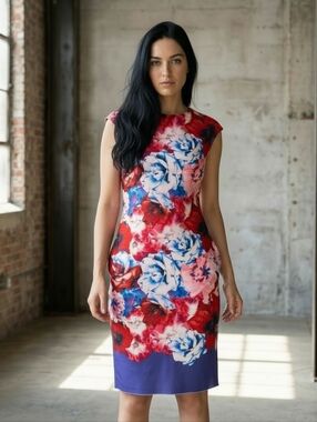 EUC Vince Camuto Floral Print Pencil Cut Size 0P Stretch Midi Dress!